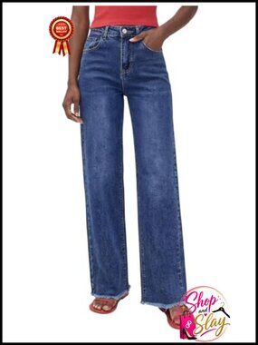 Womens Wide Leg High Waist Stretch Denim Jeans Raw Hem Pants